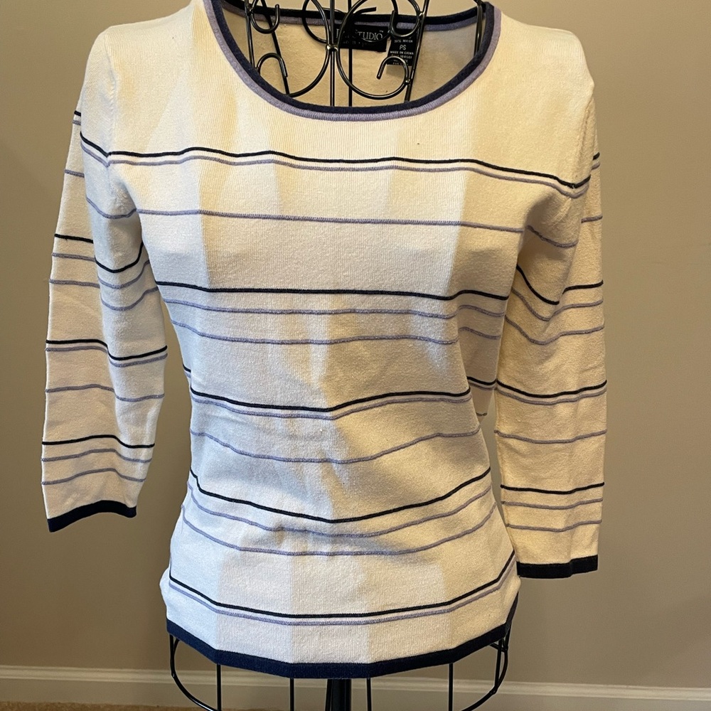 Vintage 90s Bay Studio White Navy Blue Striped Sweater Size Petite Small